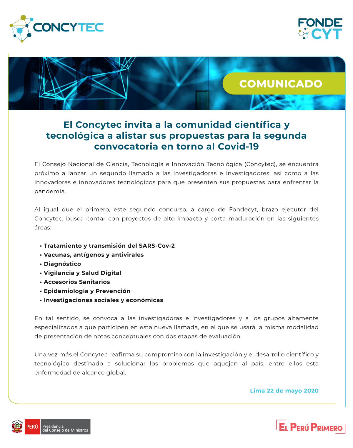 Comunicado segunda convocatoria en torno al Covid 19