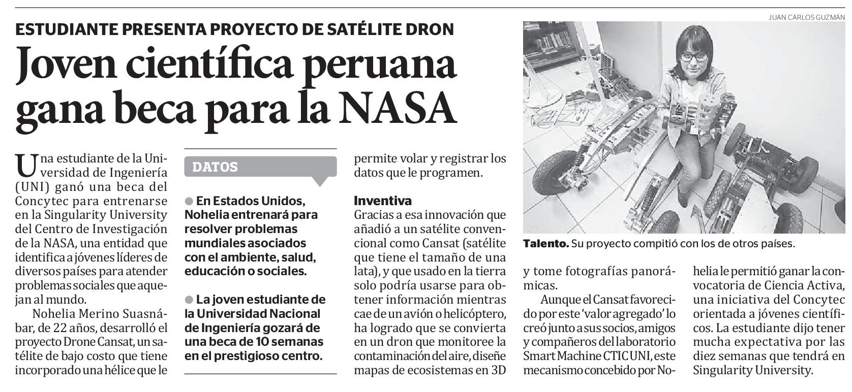 Joven científica peruana gana beca para la NASA (Diario El Peruano, 07